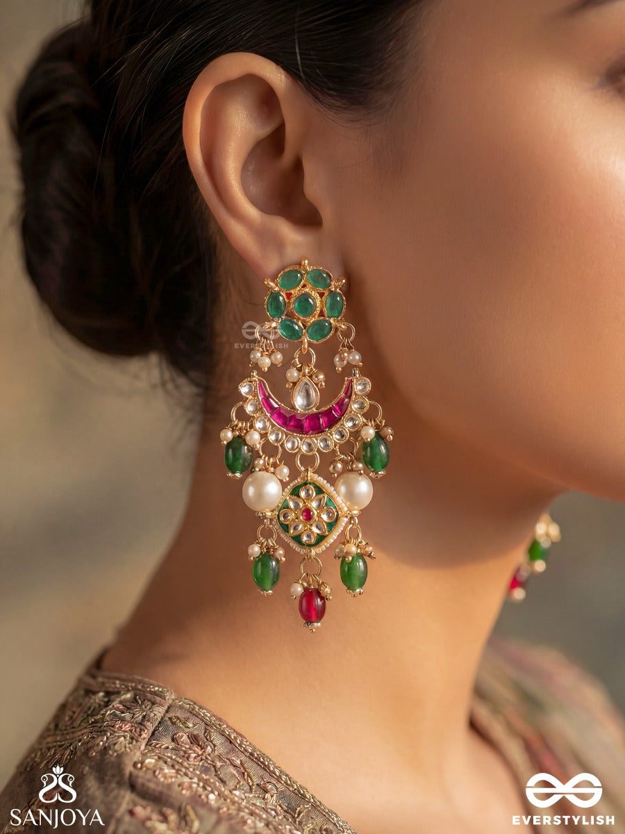 Rangalankara - Ornament Of Colours - Statement Earrings With Enamelled Motifs, Green Stone Clusters And Pearl Drop Accents