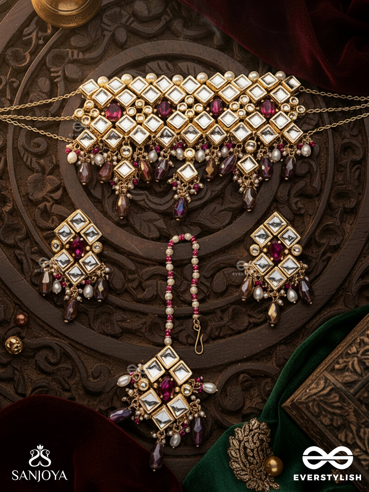 Dharaharatna - Jewel Of Heritage - Hand Embroidered Bridal Kundan Set With Choker Neckpiece, Earrings And Maangtika