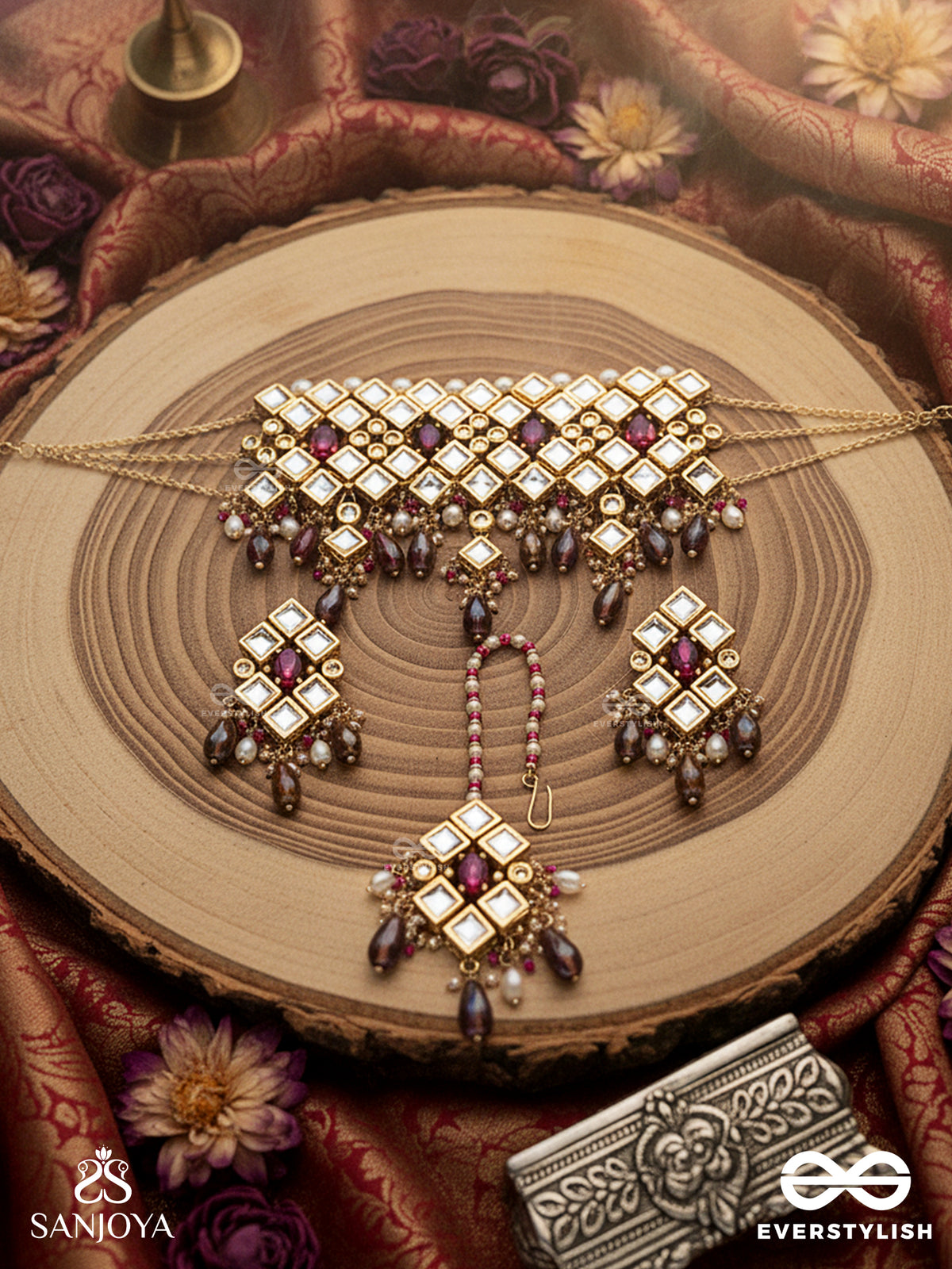 Dharaharatna - Jewel Of Heritage - Hand Embroidered Bridal Kundan Set With Choker Neckpiece, Earrings And Maangtika