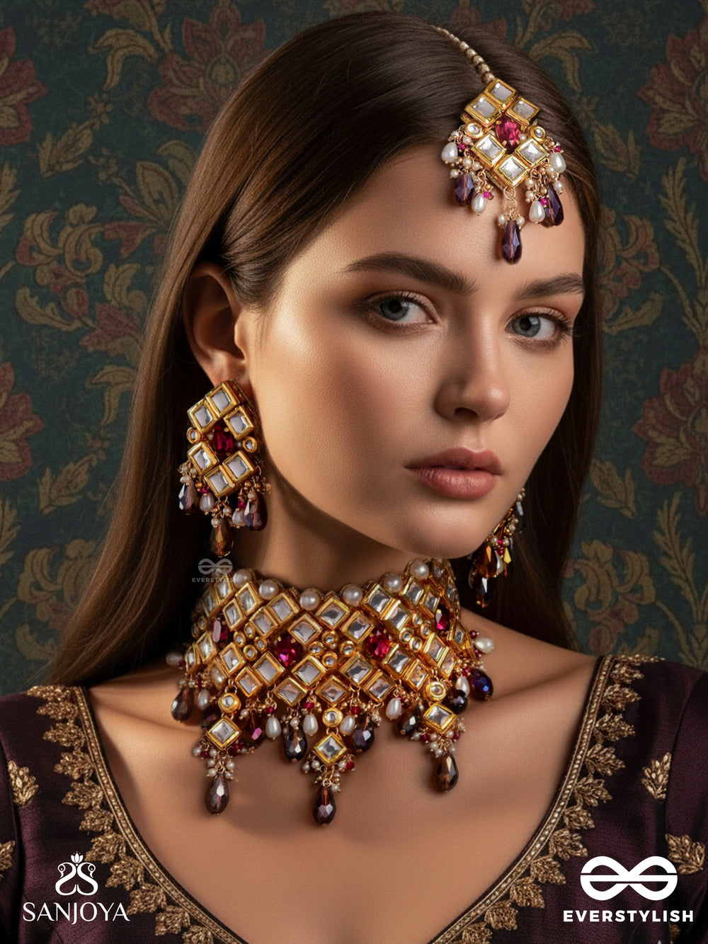 Dharaharatna - Jewel Of Heritage - Hand Embroidered Bridal Kundan Set With Choker Neckpiece, Earrings And Maangtika