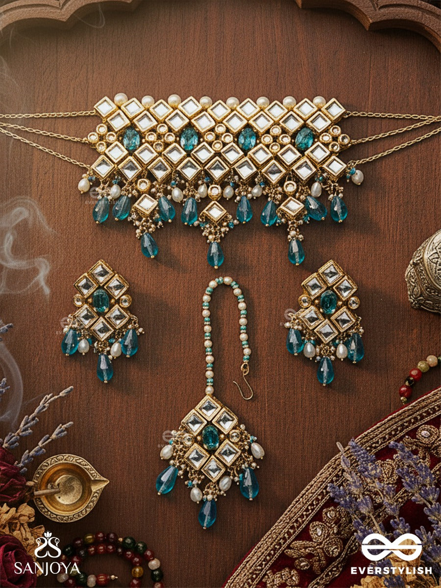 Samudrashanta - Calmness Of The Ocean - Hand Embroidered Bridal Kundan Set With Choker Neckpiece, Earrings And Maangtika