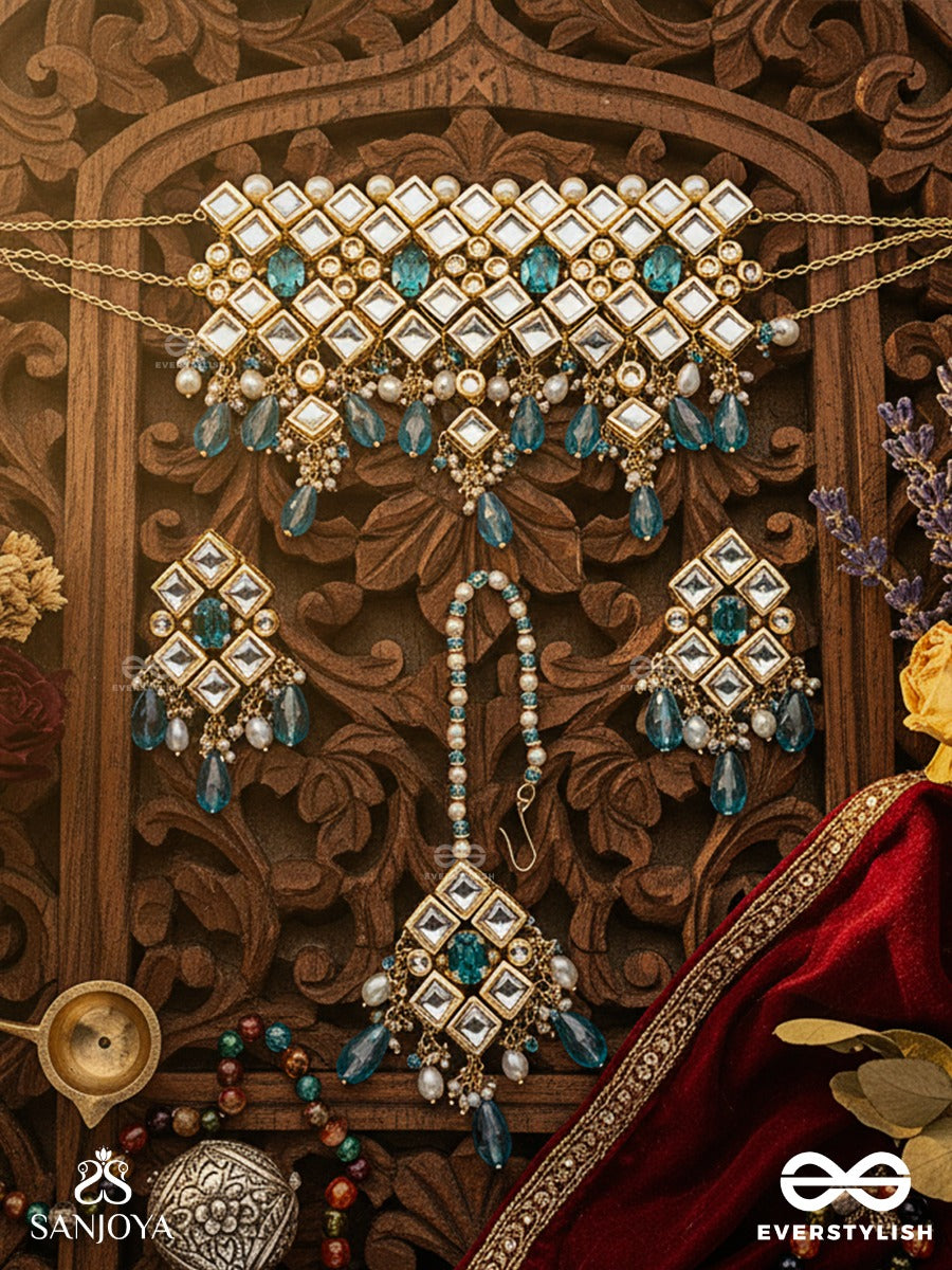Samudrashanta - Calmness Of The Ocean - Hand Embroidered Bridal Kundan Set With Choker Neckpiece, Earrings And Maangtika