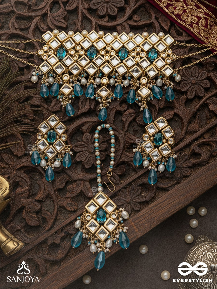 Samudrashanta - Calmness Of The Ocean - Hand Embroidered Bridal Kundan Set With Choker Neckpiece, Earrings And Maangtika