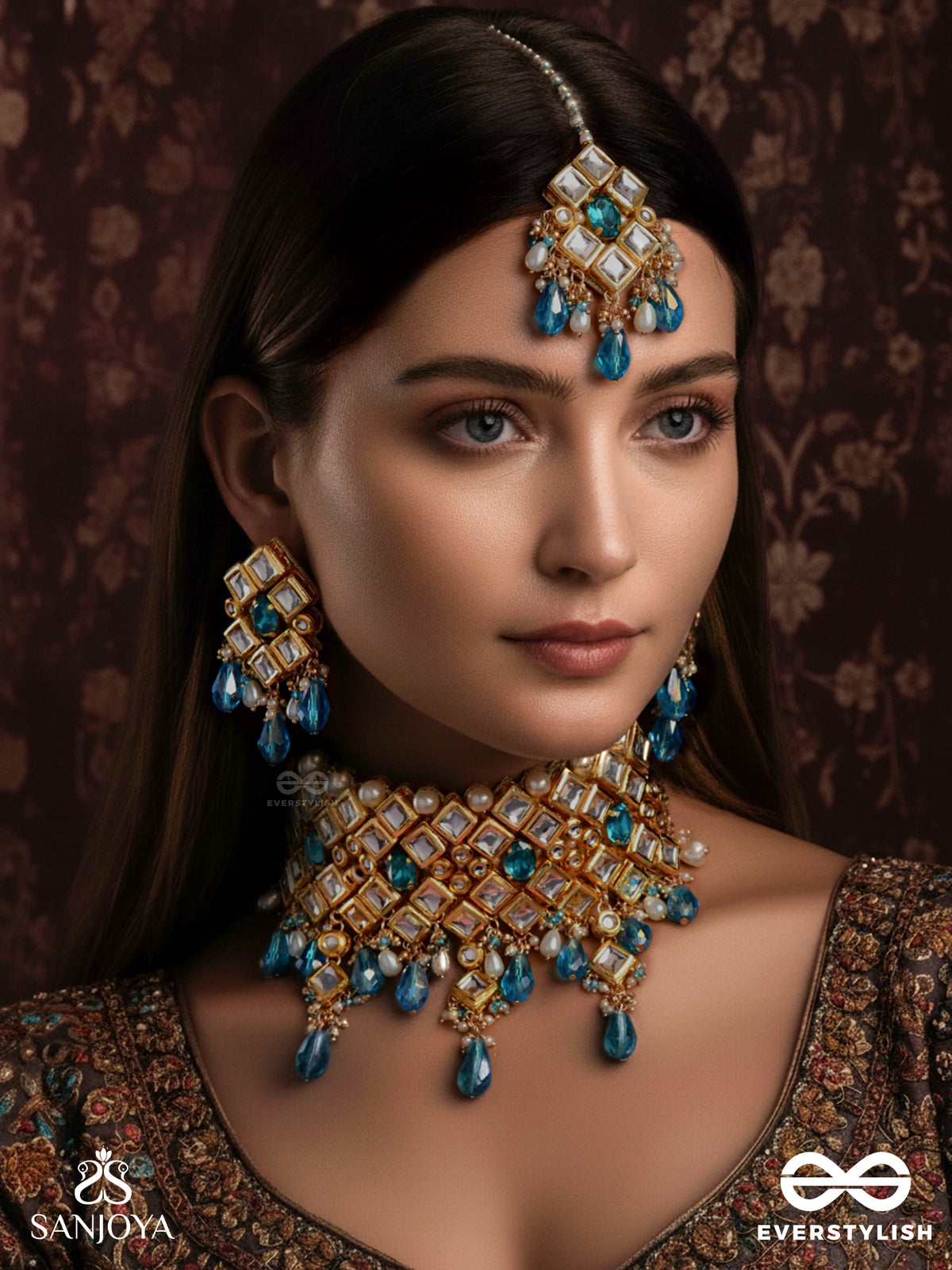 Samudrashanta - Calmness Of The Ocean - Hand Embroidered Bridal Kundan Set With Choker Neckpiece, Earrings And Maangtika