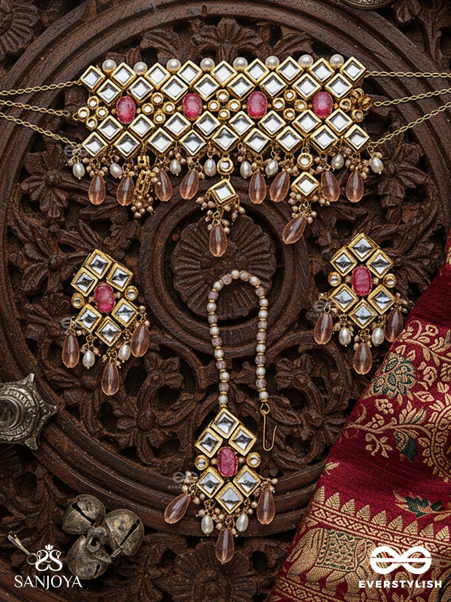 Samruddhimala - Garland Of Prosperity - Hand Embroidered Bridal Kundan Set With Choker Neckpiece, Earrings And Maangtika