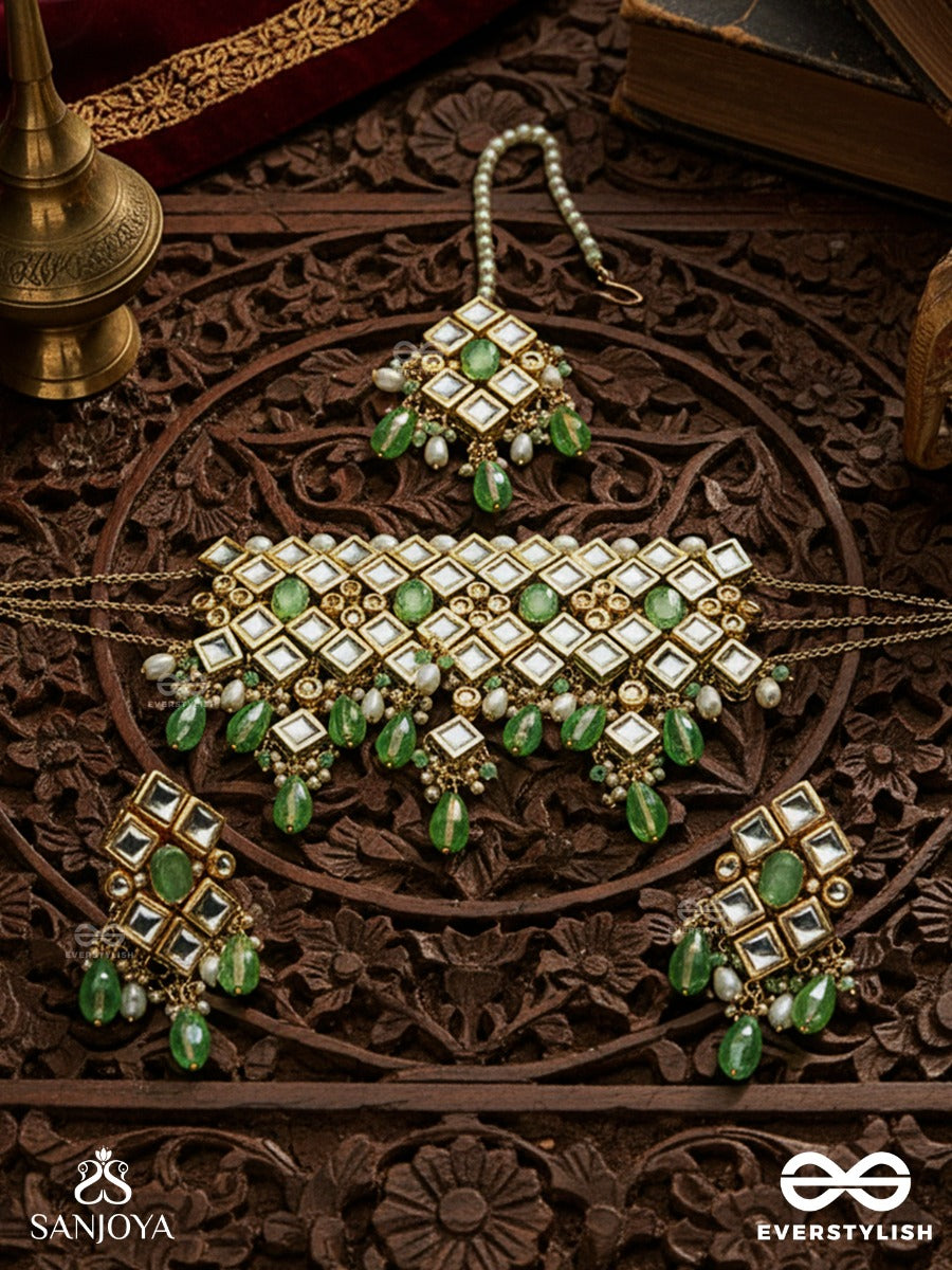 Anandasarita - River Of Bliss - Hand Embroidered Bridal Kundan Set With Choker Neckpiece, Earrings And Maangtika