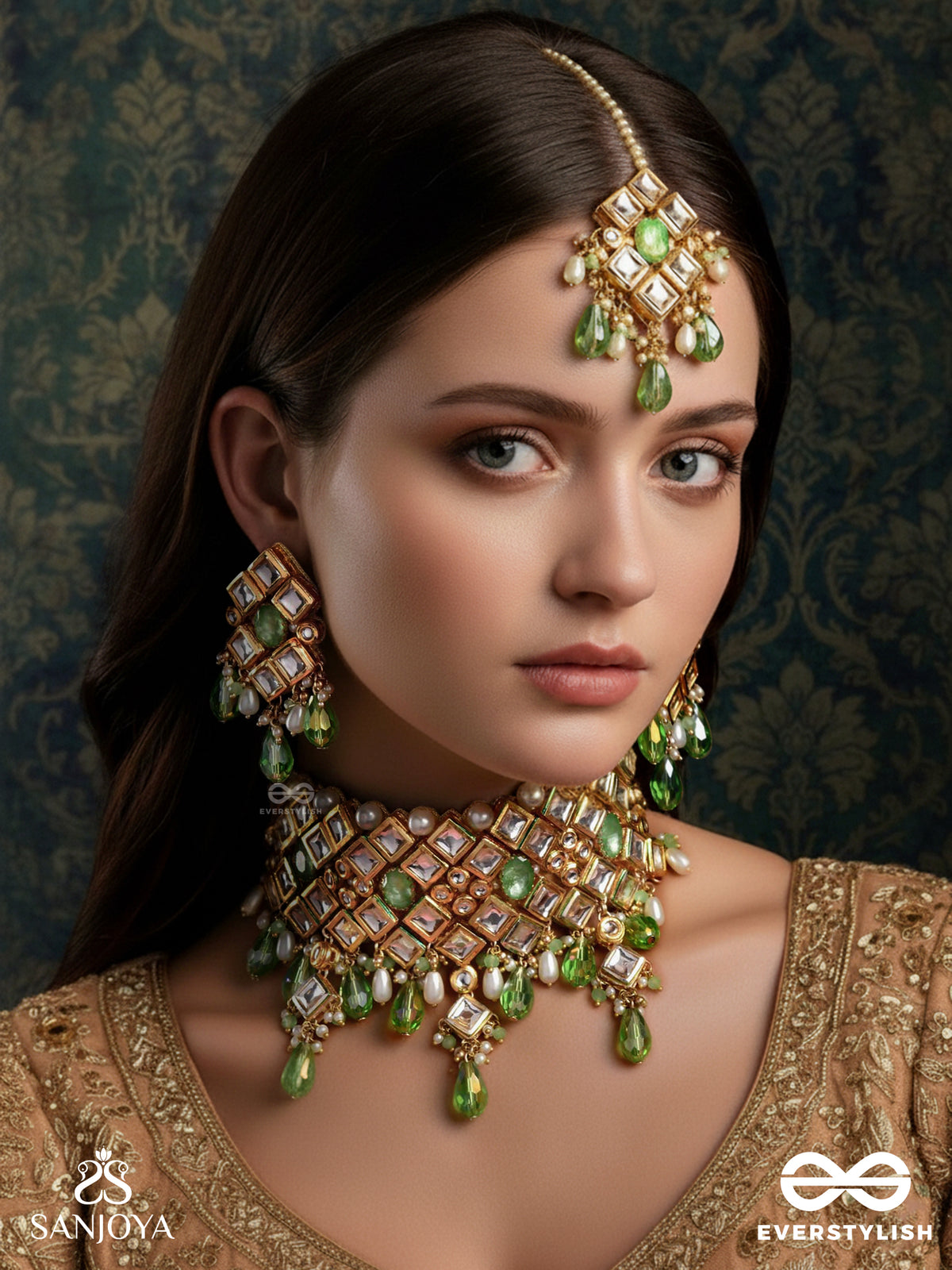 Anandasarita - River Of Bliss - Hand Embroidered Bridal Kundan Set With Choker Neckpiece, Earrings And Maangtika