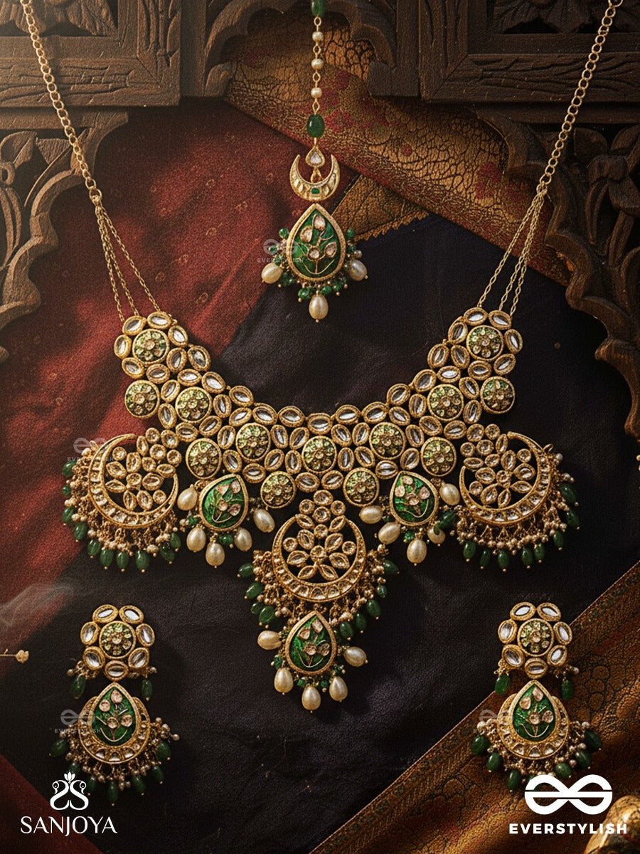 Hridayaprakriti - Nature Of The Heart - Hand Embroidered Bridal Kundan Set With Necklace, Earrings And Maangtika