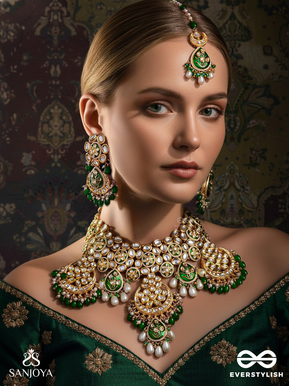 Hridayaprakriti - Nature Of The Heart - Hand Embroidered Bridal Kundan Set With Necklace, Earrings And Maangtika