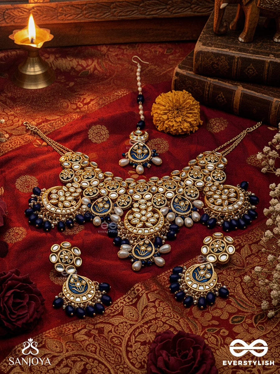 Nirasundari - Ocean Beauty - Hand Embroidered Bridal Kundan Set With Necklace, Earrings And Maangtika