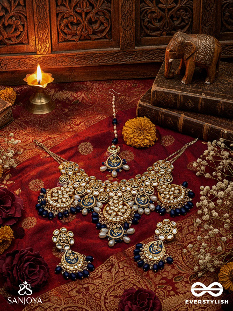 Nirasundari - Ocean Beauty - Hand Embroidered Bridal Kundan Set With Necklace, Earrings And Maangtika