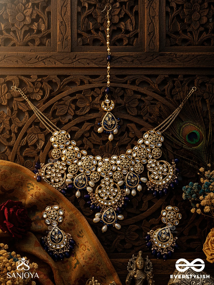 Nirasundari - Ocean Beauty - Hand Embroidered Bridal Kundan Set With Necklace, Earrings And Maangtika