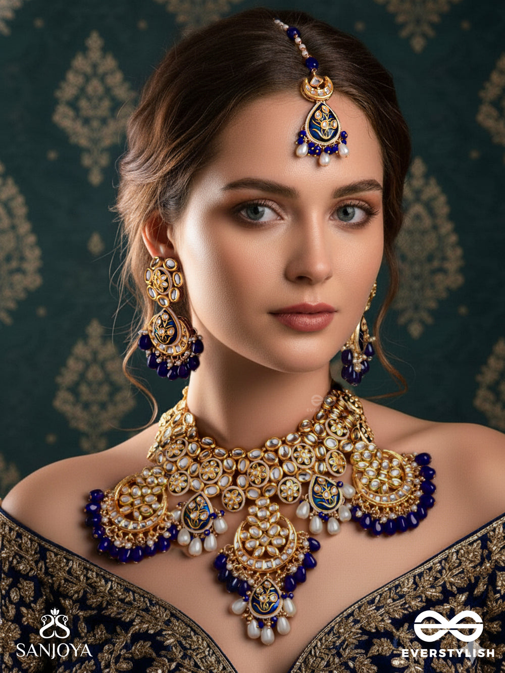 Nirasundari - Ocean Beauty - Hand Embroidered Bridal Kundan Set With Necklace, Earrings And Maangtika
