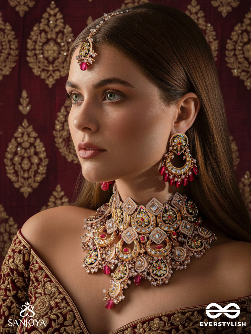 Rajatilaka - Royal Crown - Hand Embroidered Bridal Kundan Set With Choker Neckpiece, Earrings And Maangtika