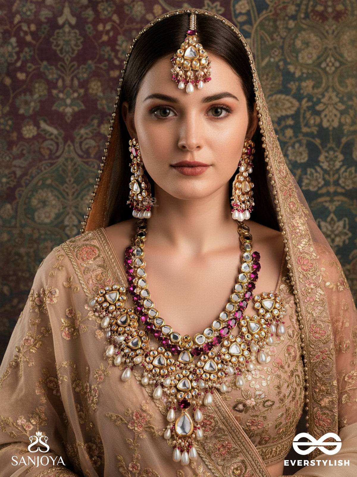 Premabhavini - Radiating Love - Hand Embroidered Bridal Kundan And Pearl Set With Necklace, Earrings And Maangtika