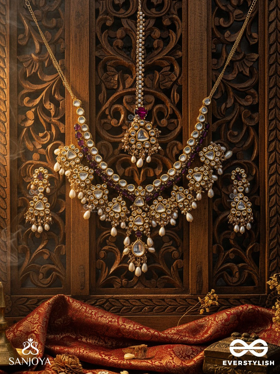 Amritamukta - Immortal Pearl - Hand Embroidered Bridal Kundan And Pearl Set With Necklace, Earrings And Maangtika