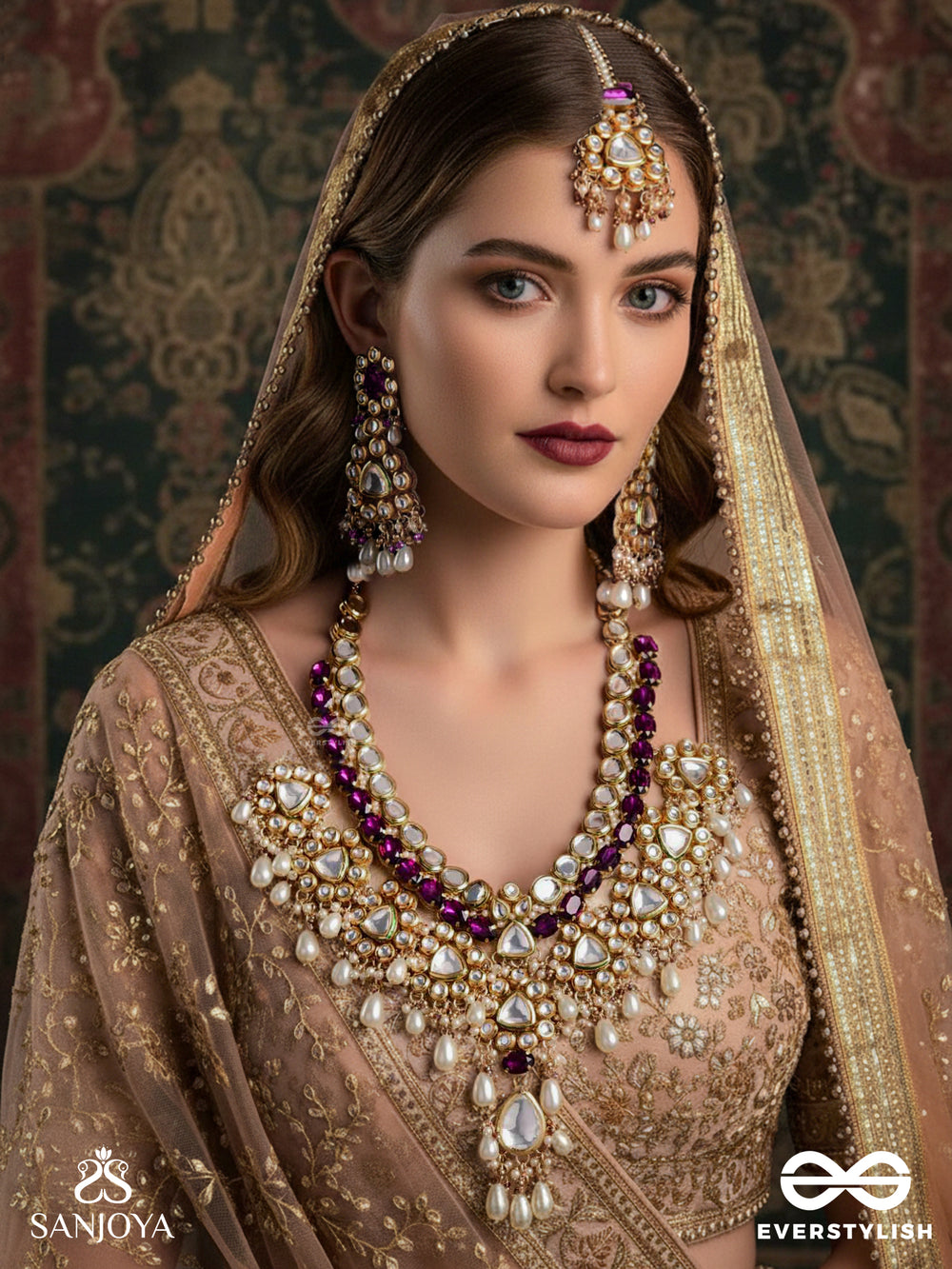 Amritamukta - Immortal Pearl - Hand Embroidered Bridal Kundan And Pearl Set With Necklace, Earrings And Maangtika