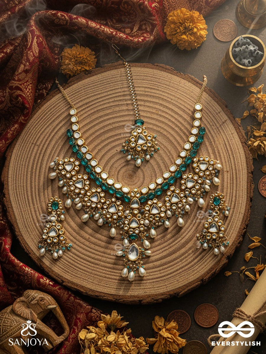 Varunipriya - Beloved Of The Ocean - Hand Embroidered Bridal Kundan And Pearl Set With Necklace, Earrings And Maangtika