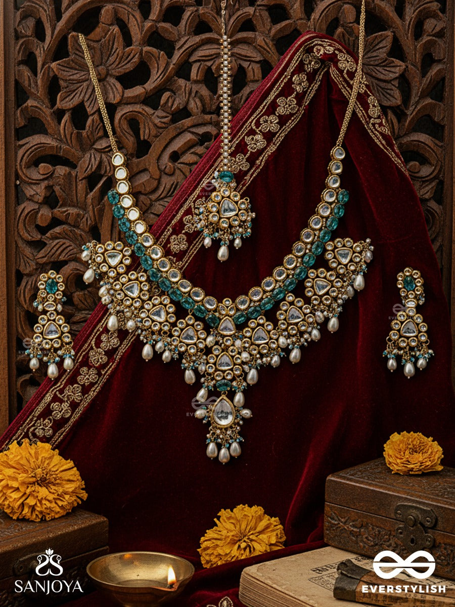 Varunipriya - Beloved Of The Ocean - Hand Embroidered Bridal Kundan And Pearl Set With Necklace, Earrings And Maangtika