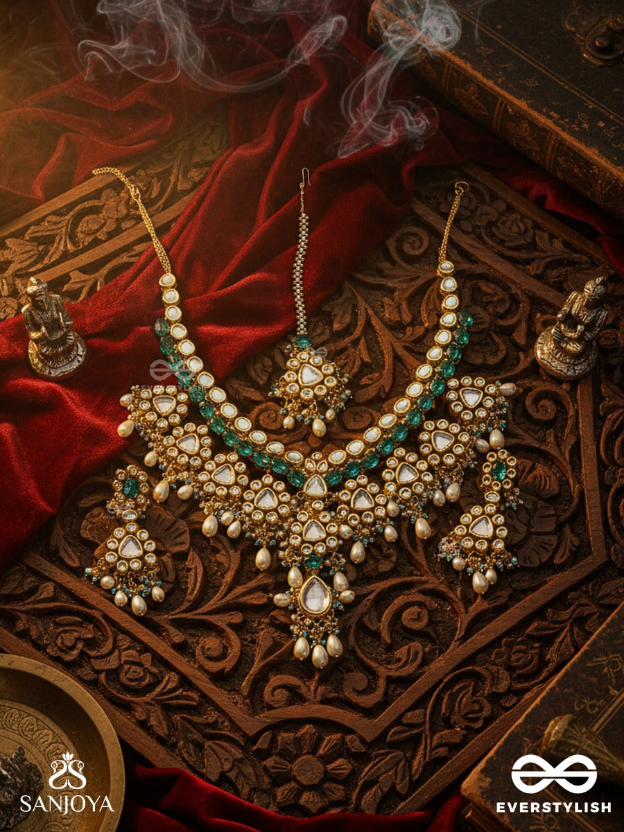 Varunipriya - Beloved Of The Ocean - Hand Embroidered Bridal Kundan And Pearl Set With Necklace, Earrings And Maangtika