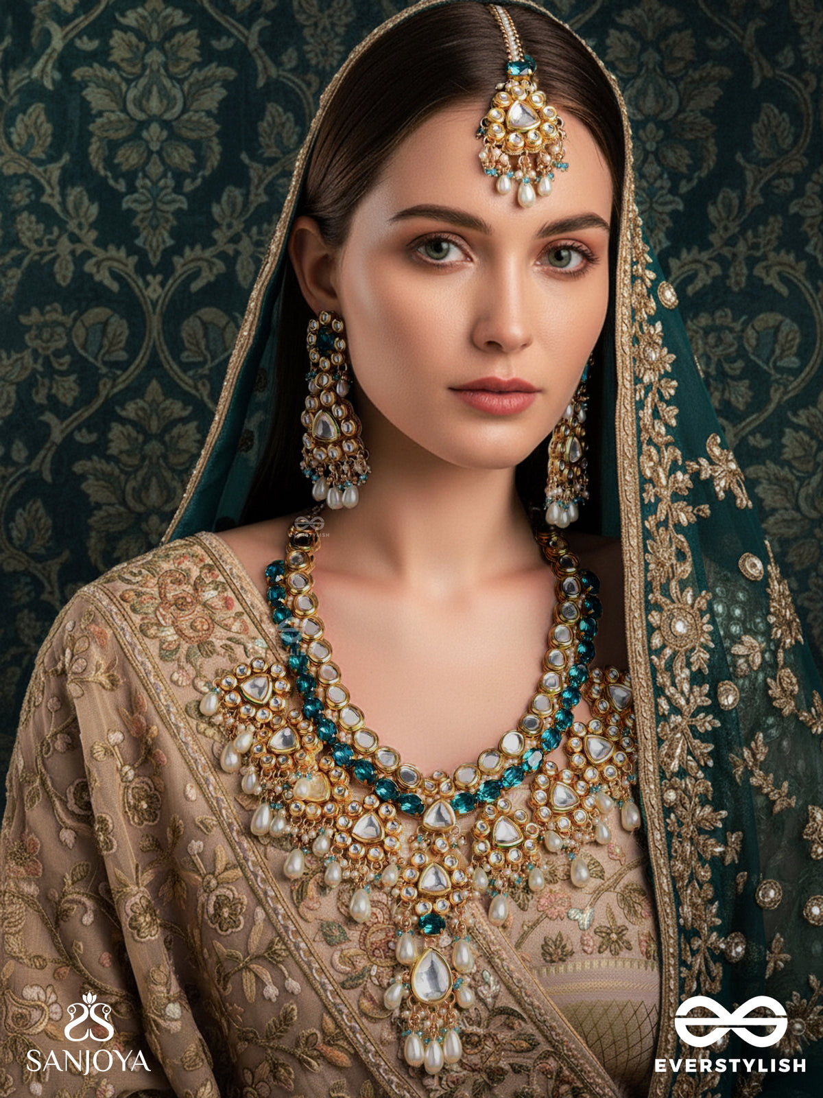 Varunipriya - Beloved Of The Ocean - Hand Embroidered Bridal Kundan And Pearl Set With Necklace, Earrings And Maangtika