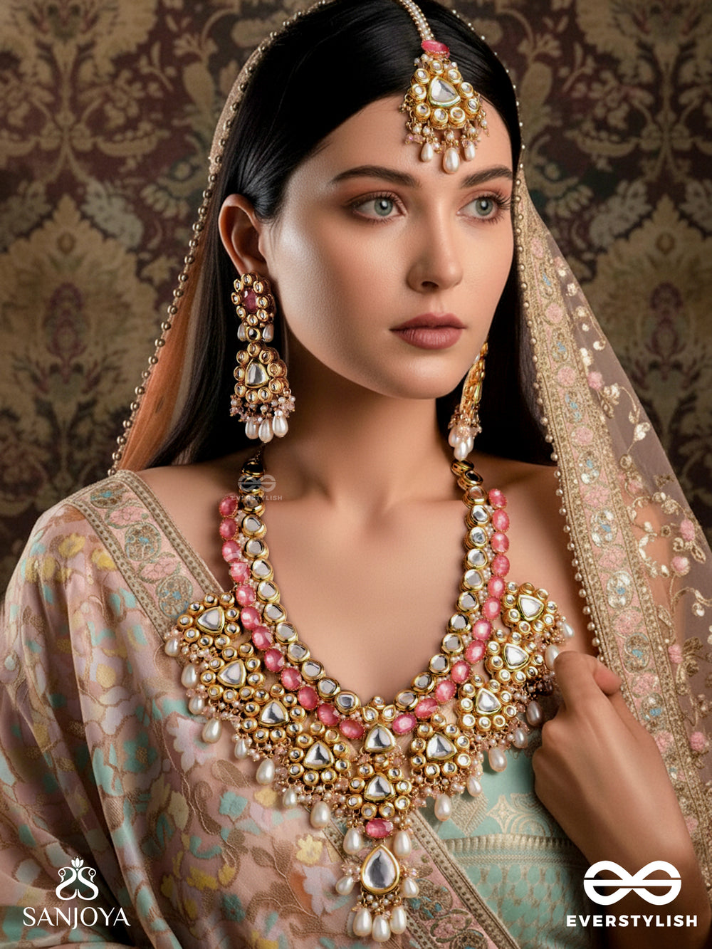 Prabhatarala - Flowing Radiance - Hand Embroidered Bridal Kundan And Pearl Set With Necklace, Earrings And Maangtika