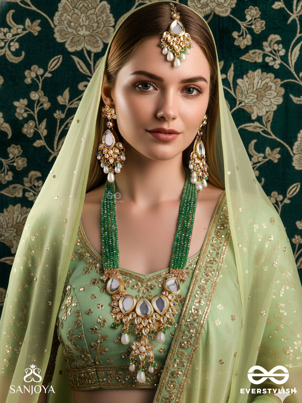 Taralashobha - Flowing Beauty - Hand Embroidered Bridal Kundan And Pearl Set With Necklace, Earrings And Maangtika