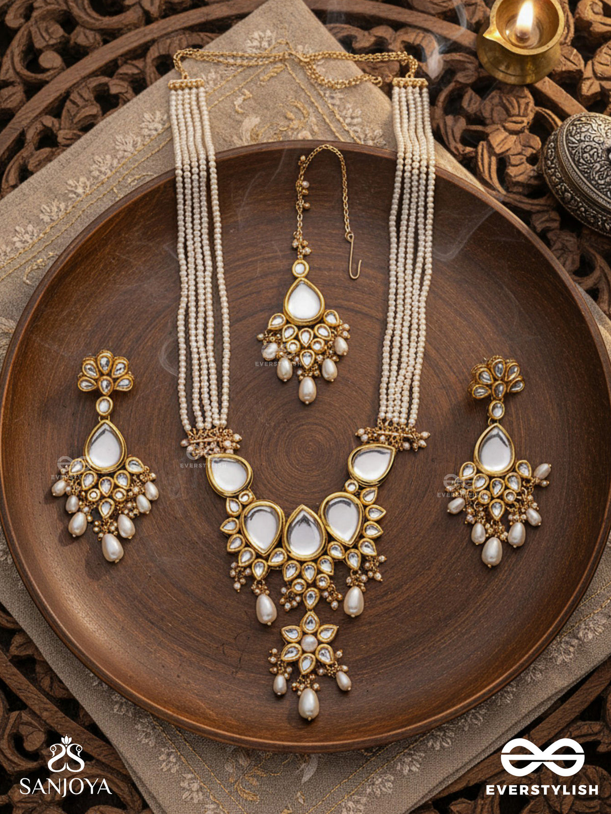 Paramananda - Pure Bliss - Hand Embroidered Bridal Kundan And Pearl Set With Necklace, Earrings And Maangtika