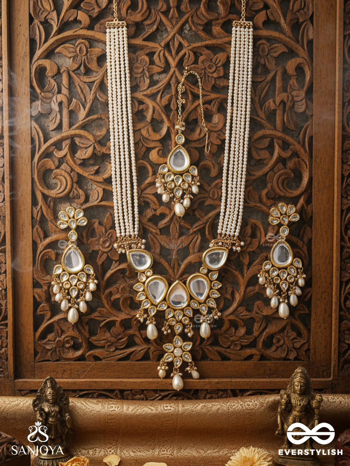 Paramananda - Pure Bliss - Hand Embroidered Bridal Kundan And Pearl Set With Necklace, Earrings And Maangtika