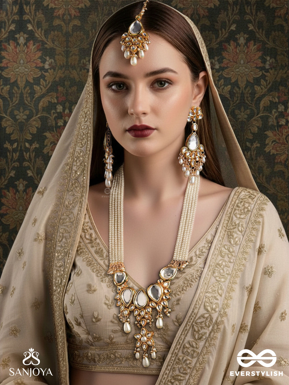 Paramananda - Pure Bliss - Hand Embroidered Bridal Kundan And Pearl Set With Necklace, Earrings And Maangtika