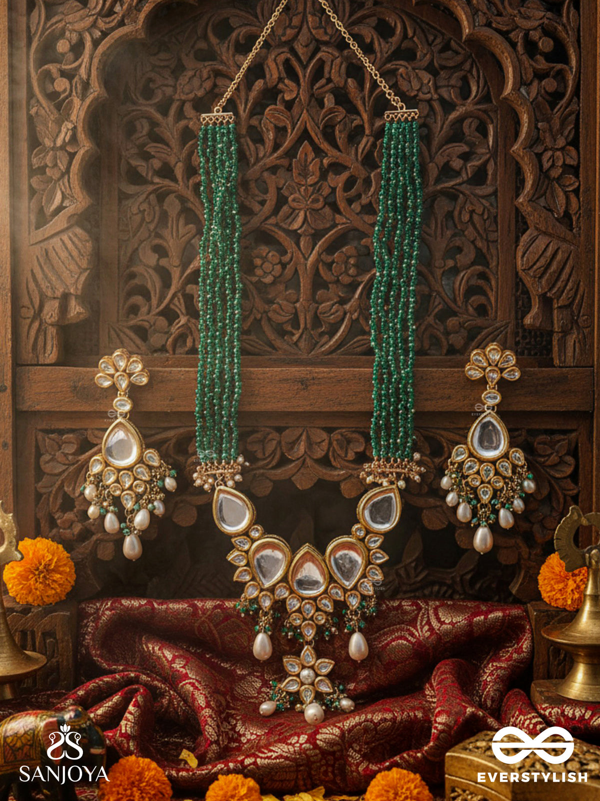 Jalakusuma - Water Blossom - Hand Embroidered Bridal Kundan And Pearl Set With Necklace, Earrings And Maangtika