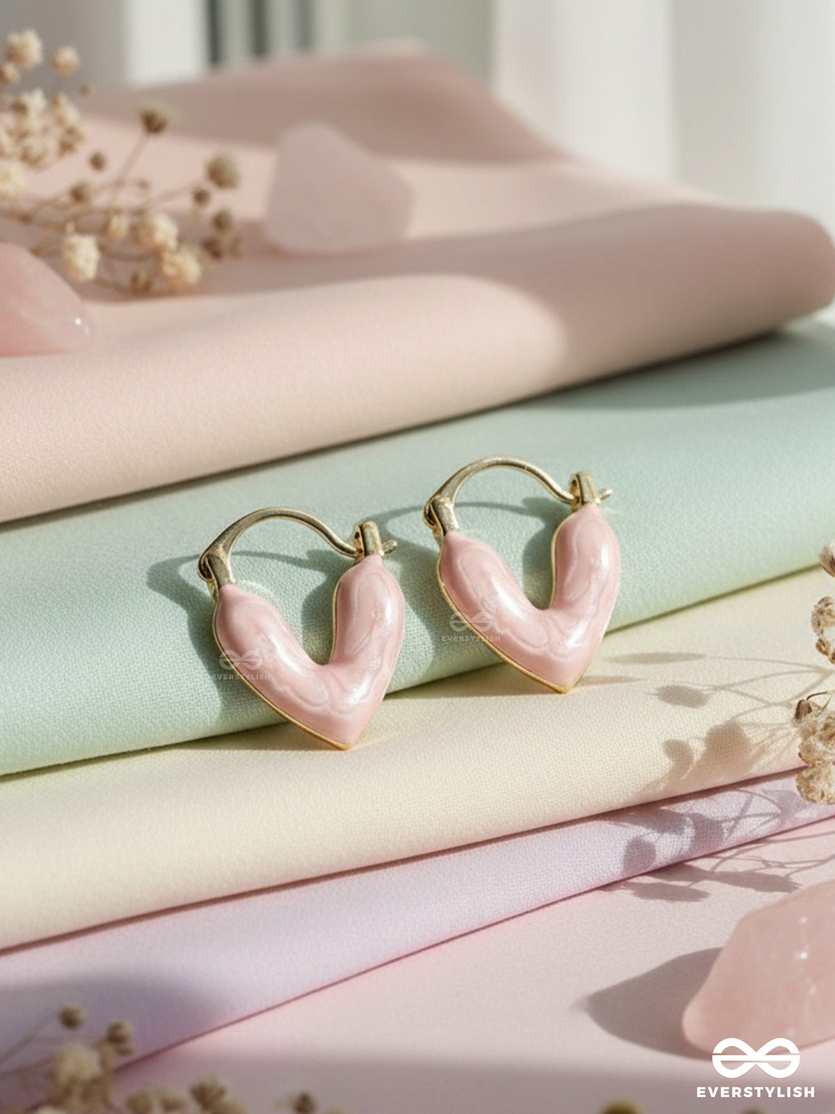 Heavenly Longevity - Pink Enameled Heart Stud Earrings