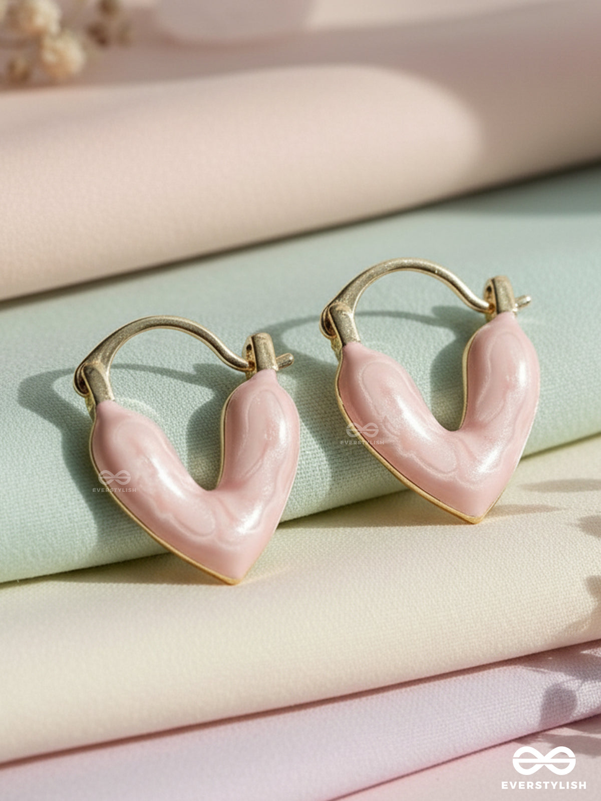 Heavenly Longevity - Pink Enameled Heart Stud Earrings