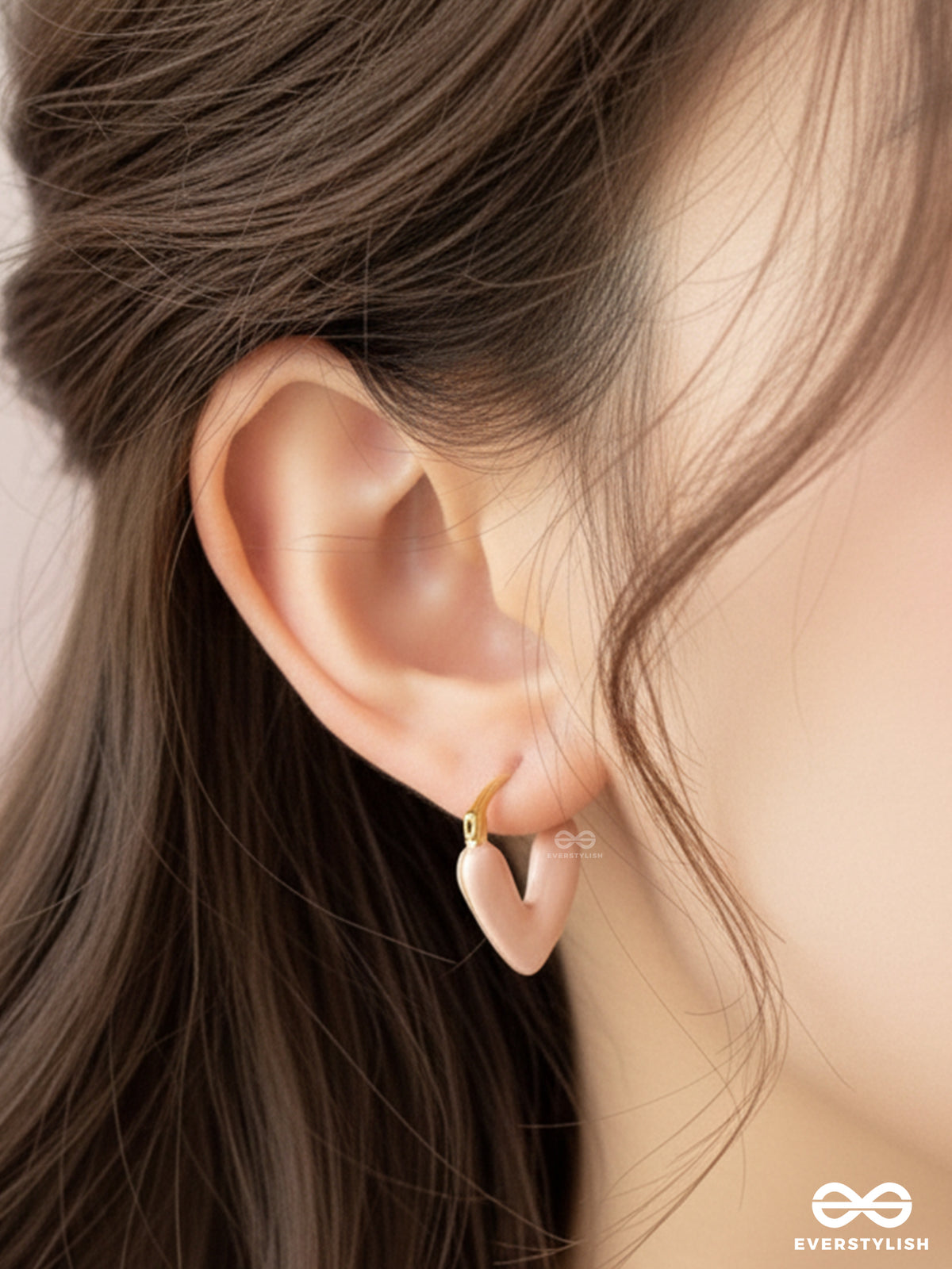 Heavenly Longevity - Pink Enameled Heart Stud Earrings