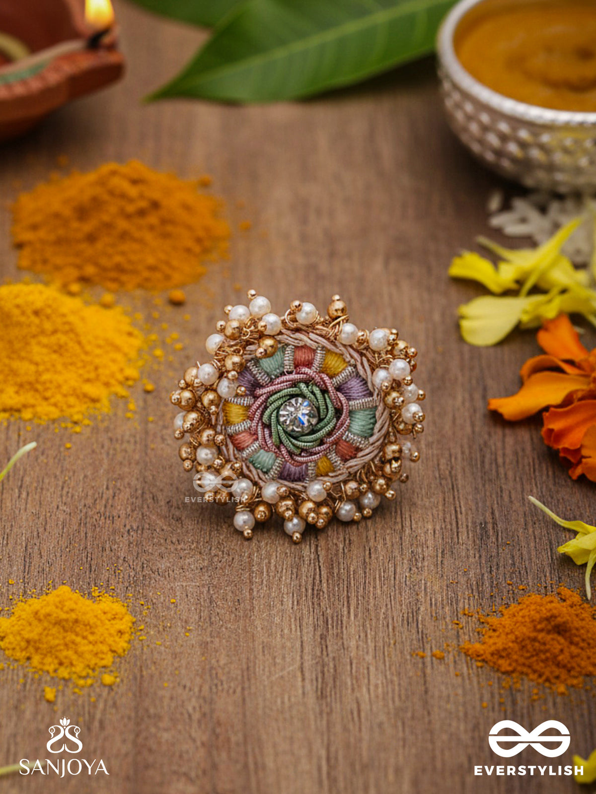 Rangvati - Full Of Colors - Exquisite Multi-Hued Ring With Pearl And Crystal Embellishments