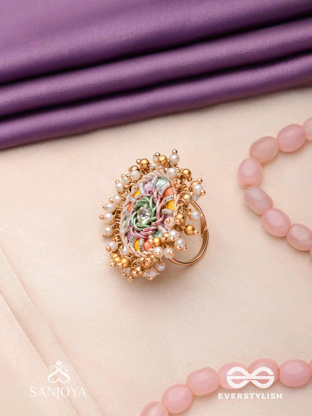 Rangvati - Full Of Colors - Exquisite Multi-Hued Ring With Pearl And Crystal Embellishments