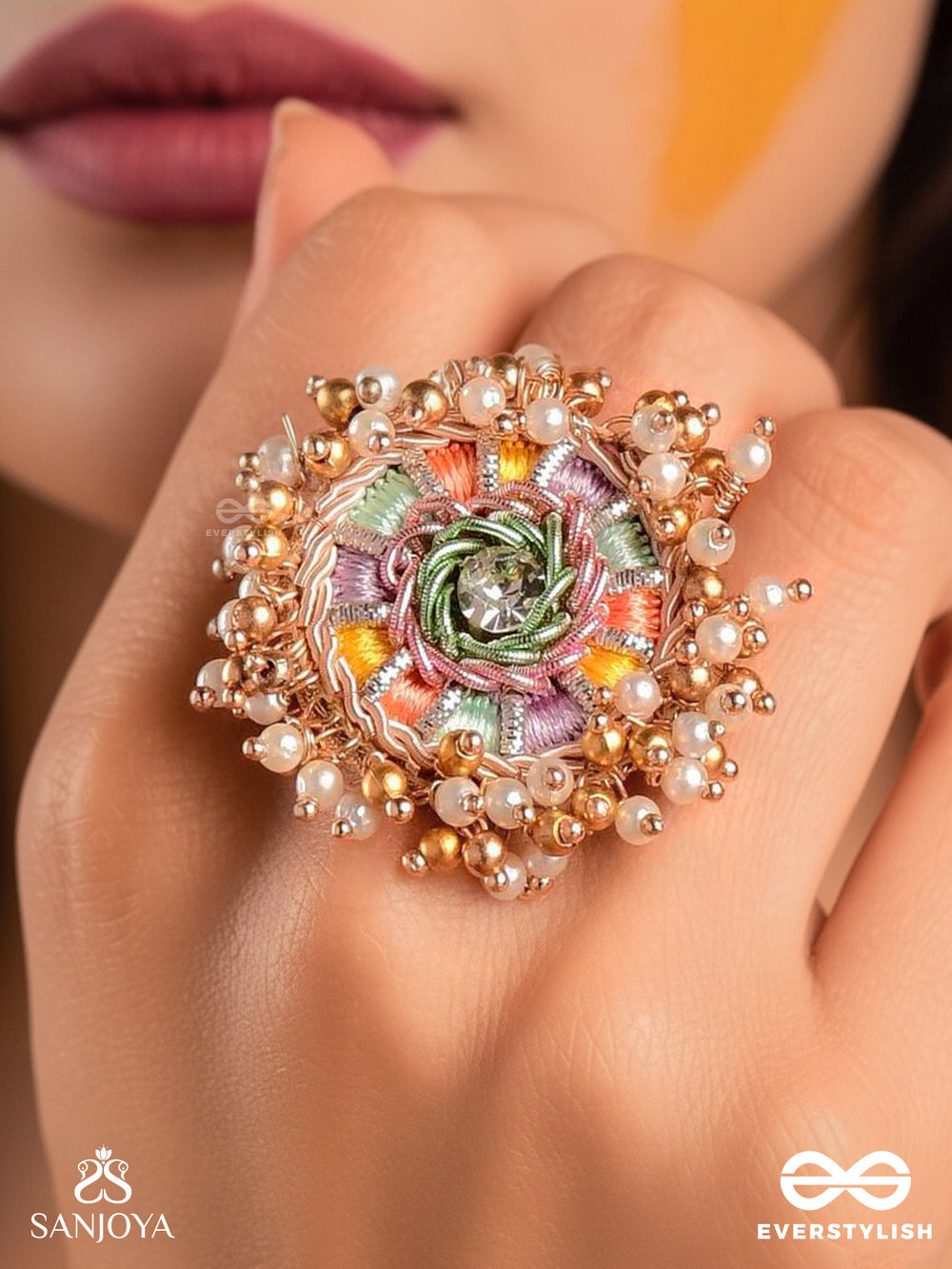 Rangvati - Full Of Colors - Exquisite Multi-Hued Ring With Pearl And Crystal Embellishments