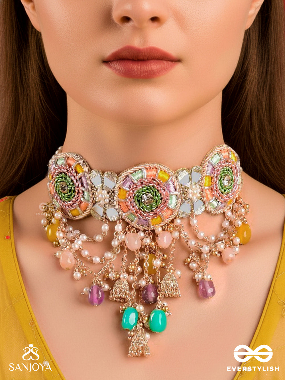 Rangvati - Full Of Colors - Exquisite Multi-Hued Choker With Pearl And Crystal Embellishments