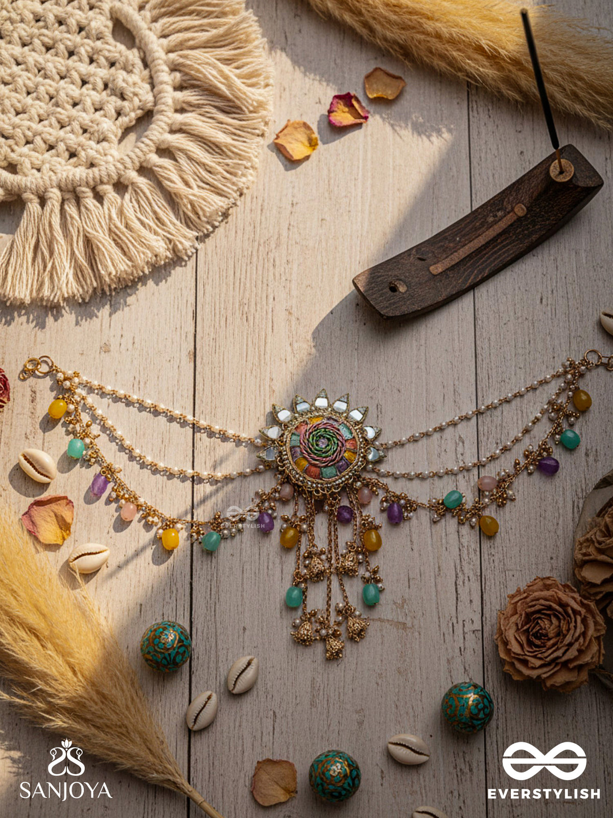 Rangvati - Full Of Colors - Embroidered Mirror Work Hair Accessory With Multi-Colored Beads And Golden Chains