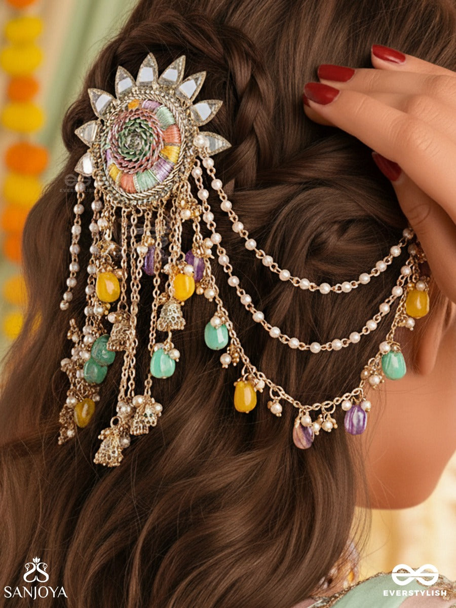 Rangvati - Full Of Colors - Embroidered Mirror Work Hair Accessory With Multi-Colored Beads And Golden Chains