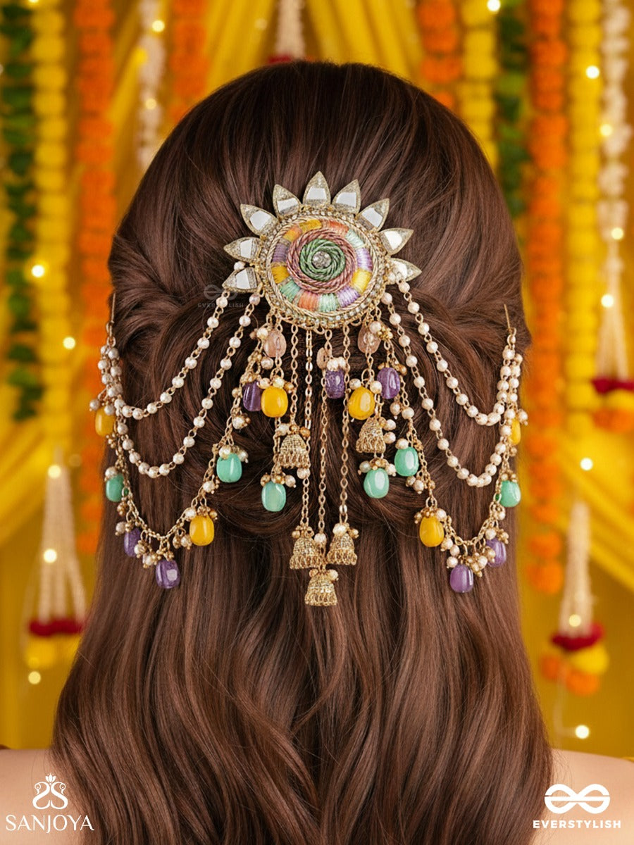 Rangvati - Full Of Colors - Embroidered Mirror Work Hair Accessory With Multi-Colored Beads And Golden Chains