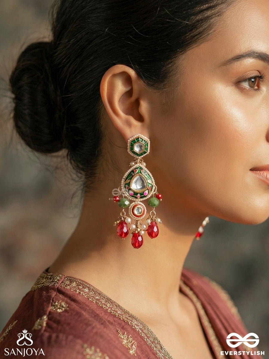 Manitarika - Jewelled Star - Decorative Earrings With Teardrop Design And Ruby Drop Accents
