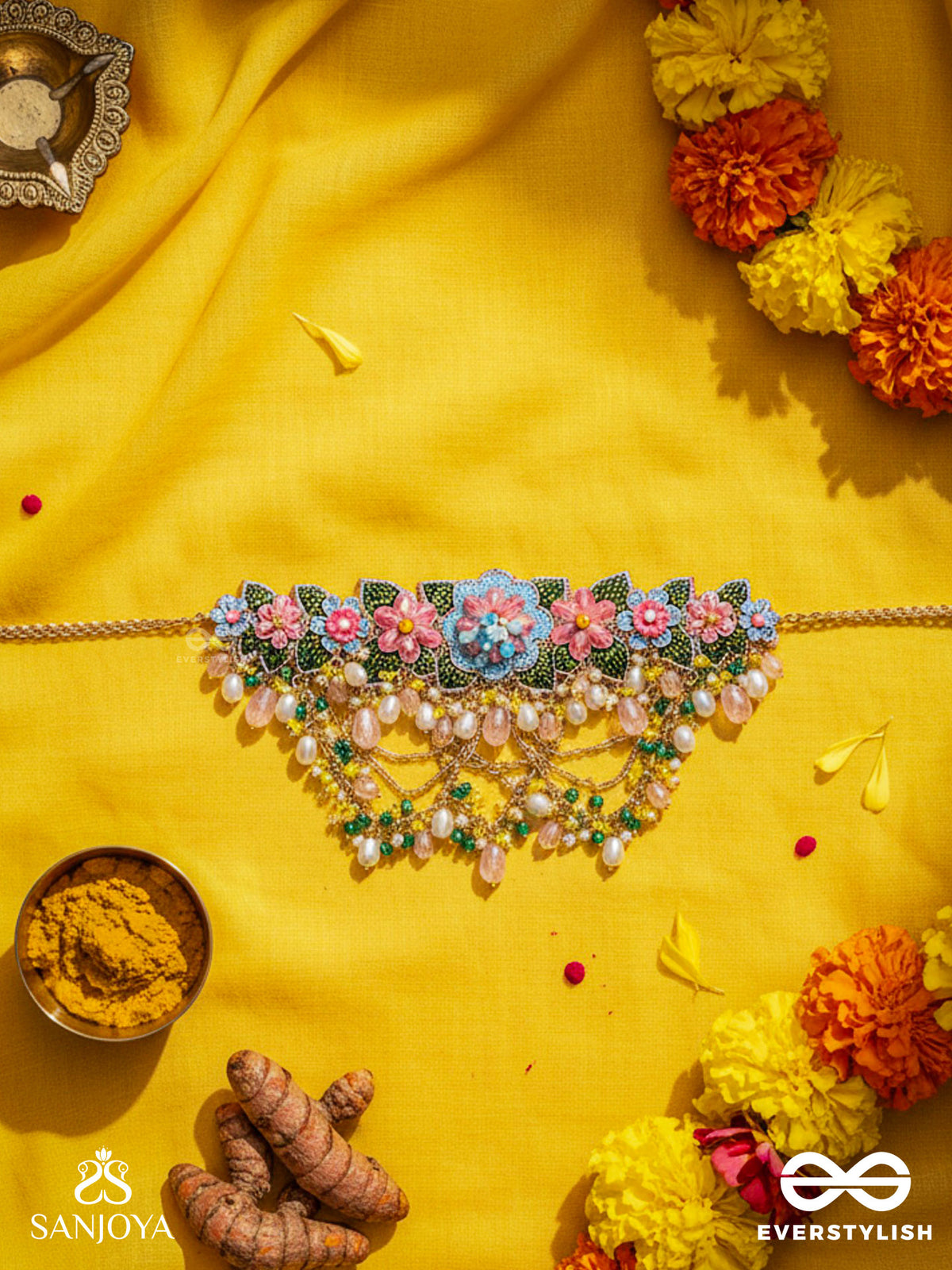 Madhuvrata - Spring Bloom - Delicate Embroidered Choker With Floral Motifs, Beads And Pearl Drops