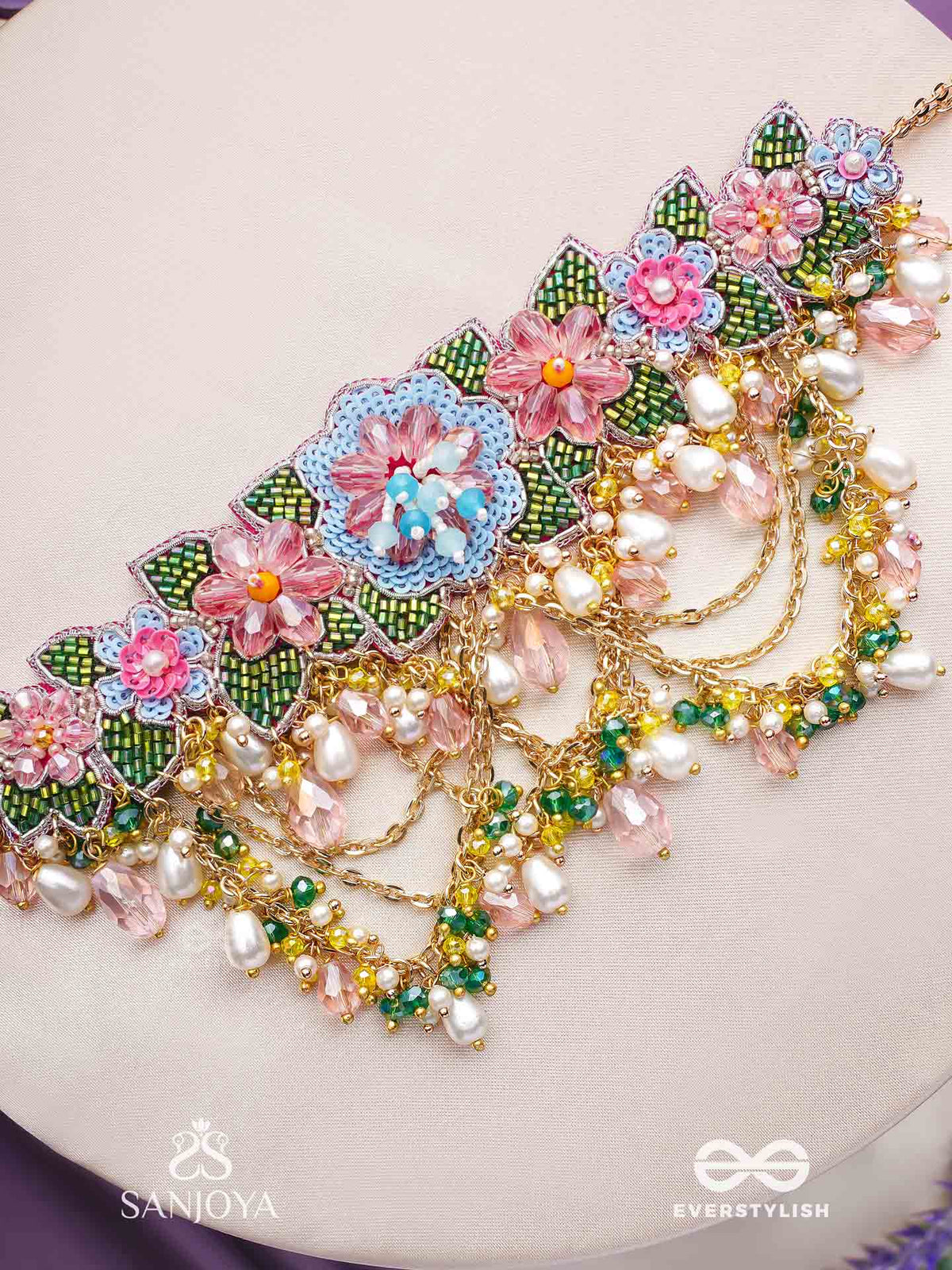 Madhuvrata - Spring Bloom - Delicate Embroidered Choker With Floral Motifs, Beads And Pearl Drops