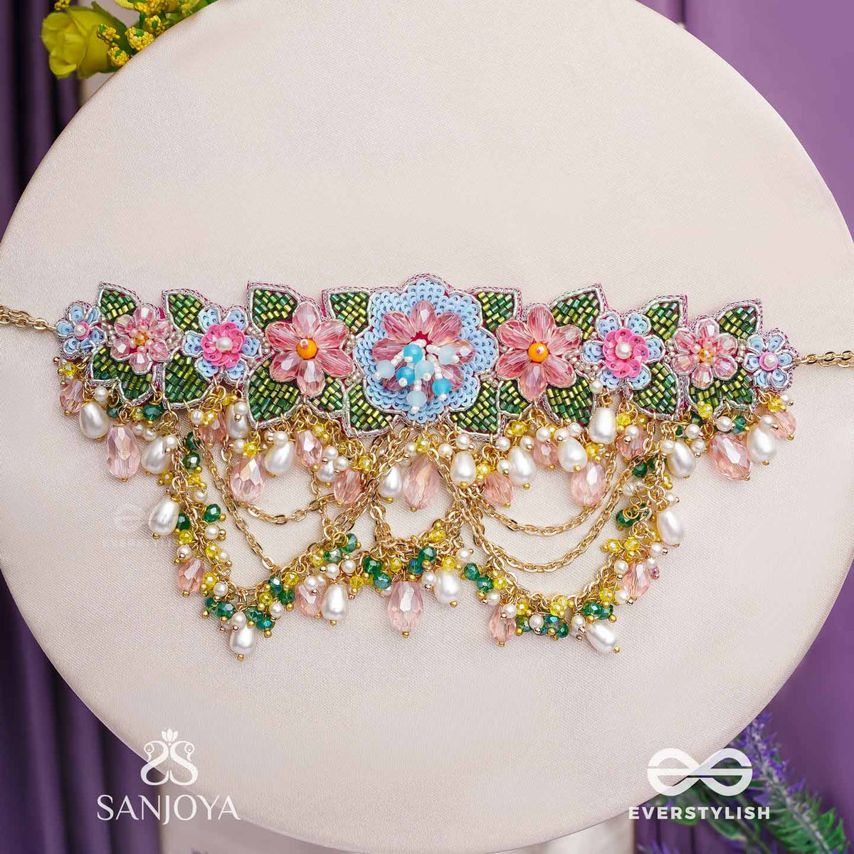 Madhuvrata - Spring Bloom - Delicate Embroidered Choker With Floral Motifs, Beads And Pearl Drops