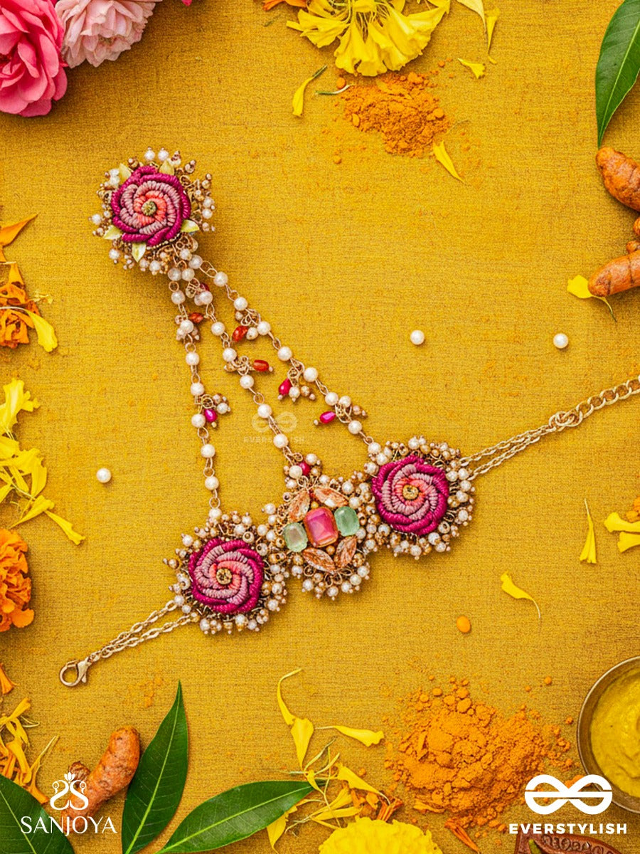 Gulratna - Jewel Of Roses - Handcrafted Rose Haathphool With Beaded Fringes, Pearls And Gem Details
