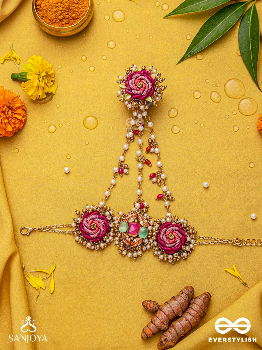 Gulratna - Jewel Of Roses - Handcrafted Rose Haathphool With Beaded Fringes, Pearls And Gem Details