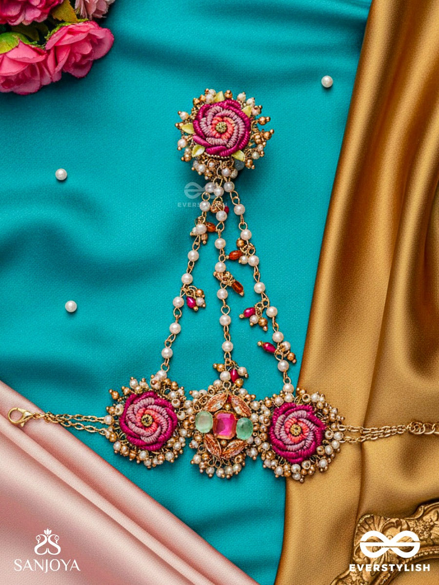 Gulratna - Jewel Of Roses - Handcrafted Rose Haathphool With Beaded Fringes, Pearls And Gem Details