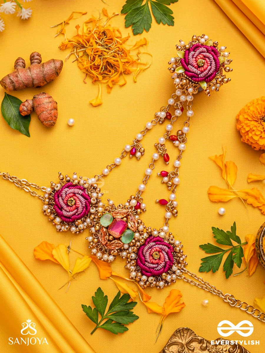 Gulratna - Jewel Of Roses - Handcrafted Rose Haathphool With Beaded Fringes, Pearls And Gem Details