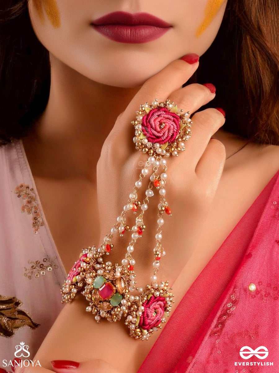 Gulratna - Jewel Of Roses - Handcrafted Rose Haathphool With Beaded Fringes, Pearls And Gem Details